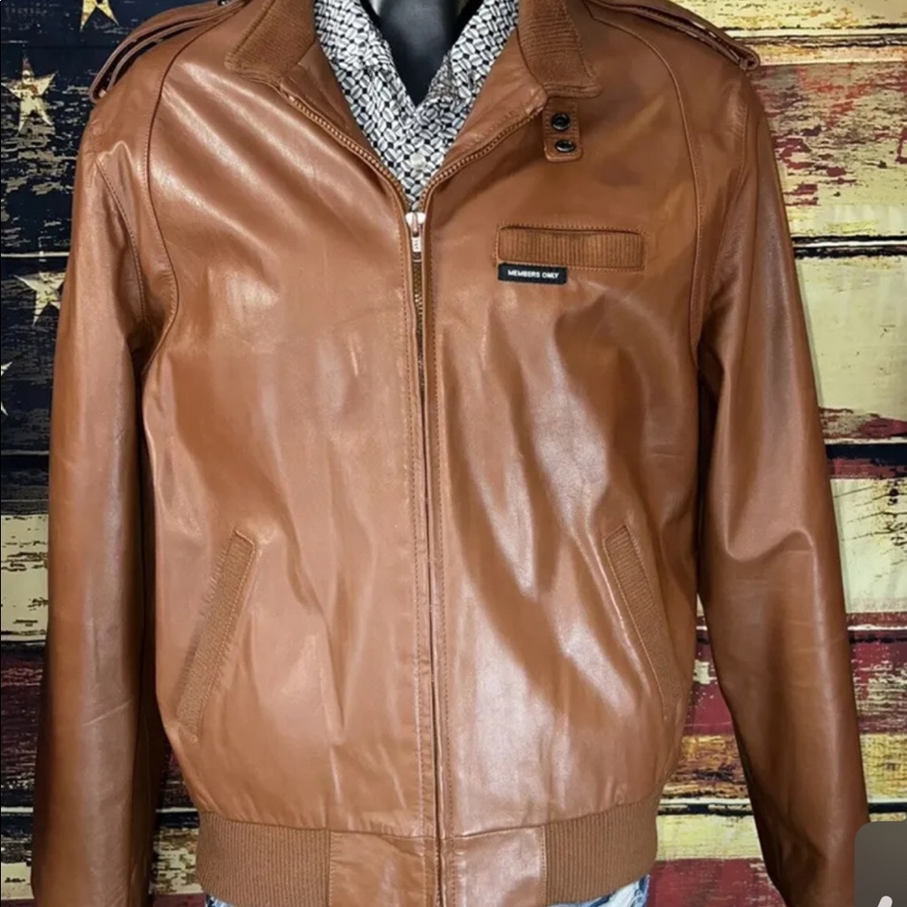 Members Only Size 46 Long Caramel Brown Genuine Leather Jacket Rare Cafe Racer